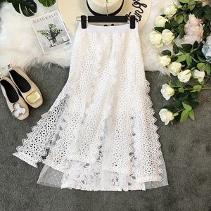 White Hollow Out Lace Maxi Skirt Summer